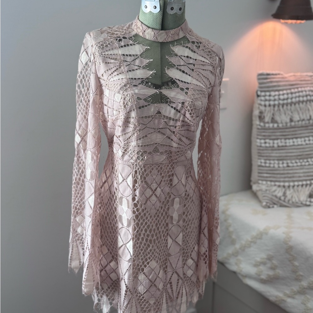 Lace Long-Sleeve Mini Dress in Blush Pink